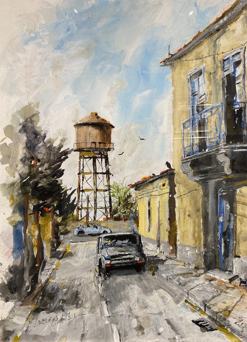 SOLD Limassol Water Tower Acrylic on board 44 x 60 cm